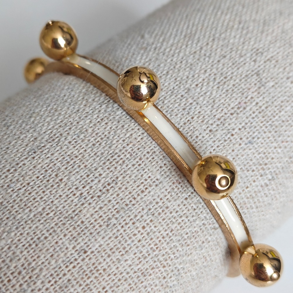 Gold Tone White Enamel Bead Orb Cuff Bangle Bracelet Modernist Statement Jewelry